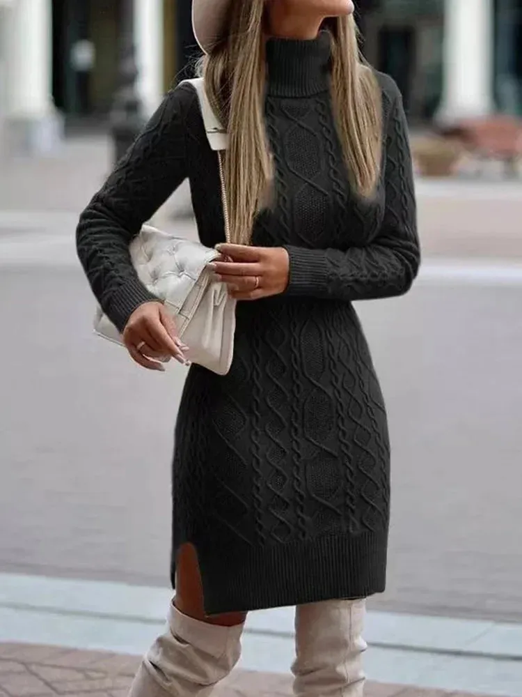 Autumn Winter Fashion Women Knitted Wrap The Buttocks Warm and Thickened  Elegant Knitted Sweater Long Sleeve Dress 241108