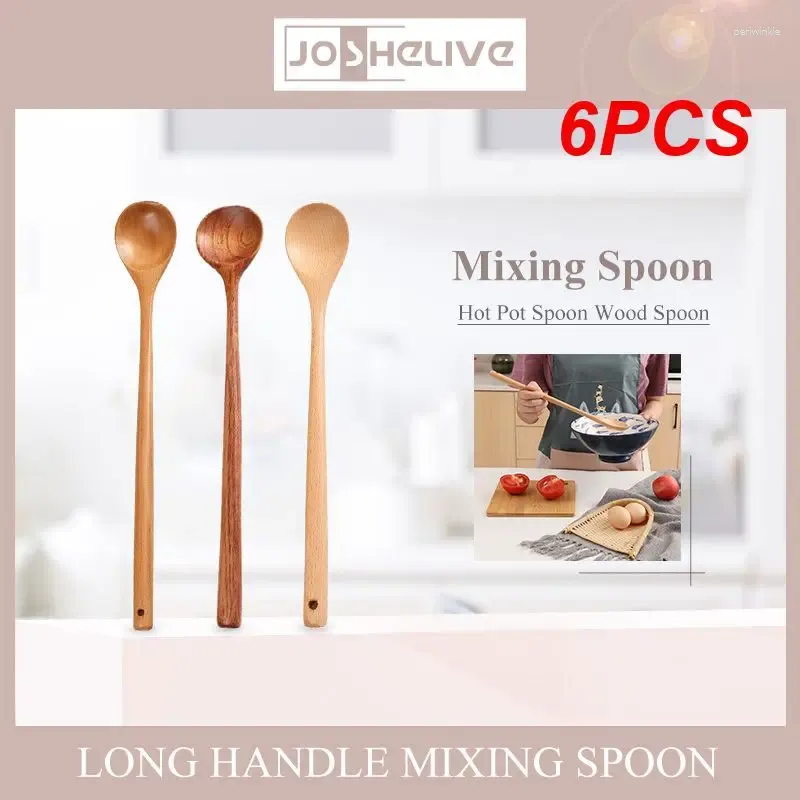 Spoons 6PCS Natural Wooden Long Handle Spoon Soup Scoops Dessert Porridge Tea Coffee Wood Tableware Kitchen Supplies