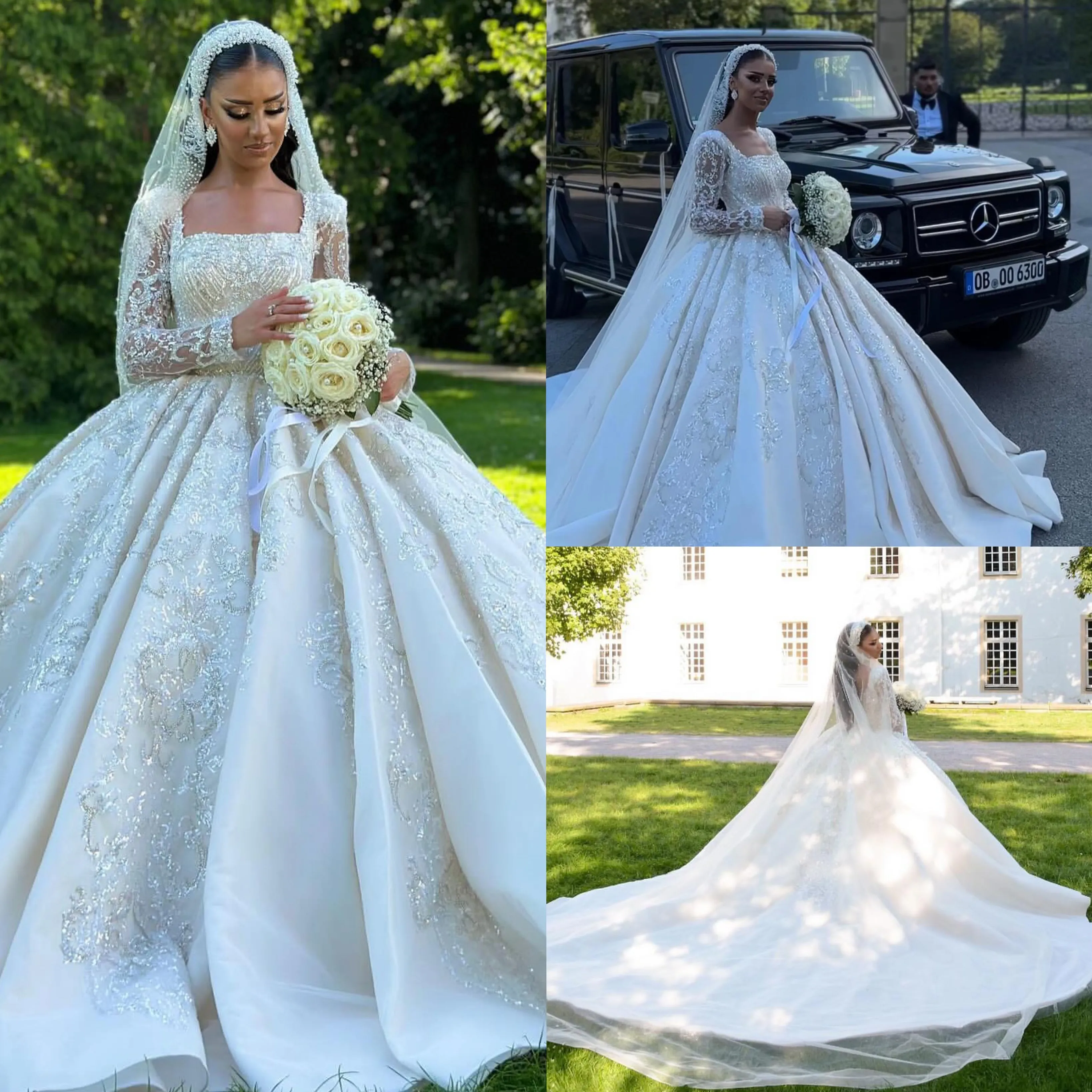 Saudi Arabisch -Ballkleid Hochzeitskleid für Braut Quadrat Hals Illusion Langarme Pailletten Hochzeitskleider Rüschen Dubai Qatar Brautkleider Plus Größe