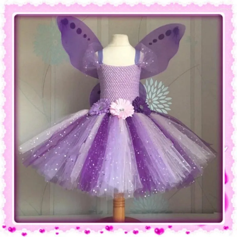 Girl Dresses Girls Purple Butterfly Fairy Tutu Dress Kids Crochet Flower Glitter Tulle Ball Gown With Wing Children Party Costume