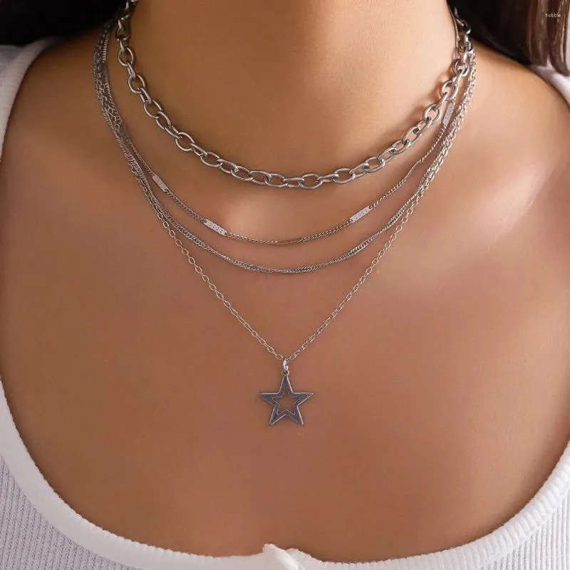 Colares pendentes 4pcs/conjunto Hip Hop Punk Pentagram Star Colar para mulheres Trendy Silver Color Of-Chain Chairs Y2K Acessórios de joias Y2K