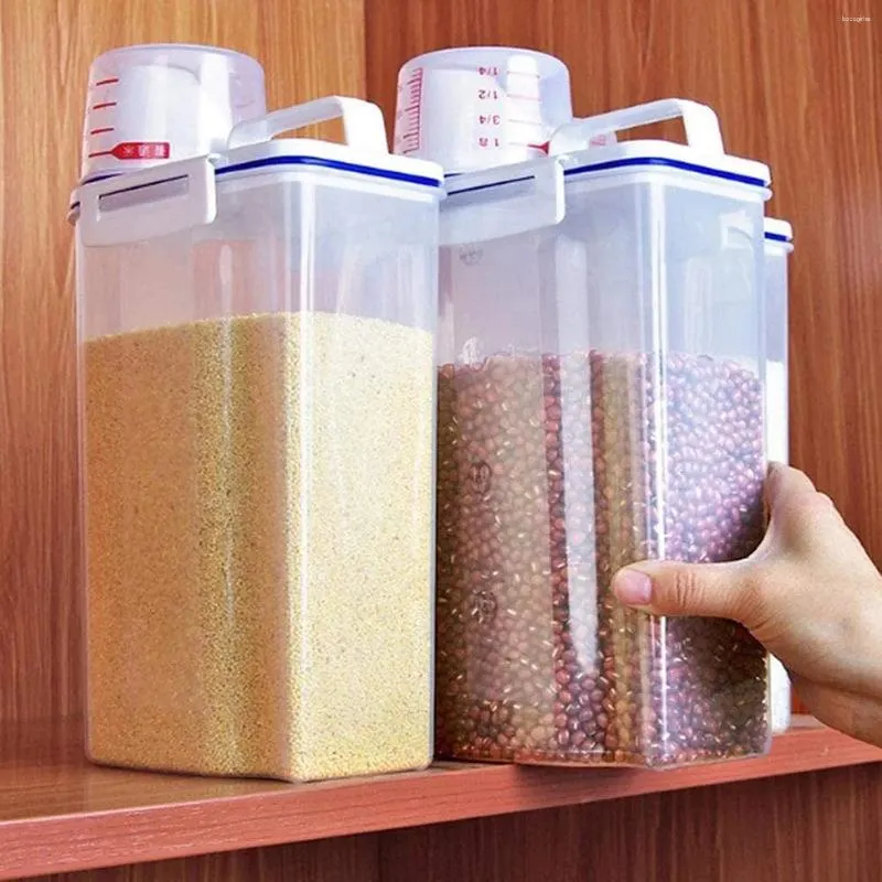 Förvaringsflaskor bakning av matlådan risfack med lock spannmålsbehållare dispenser mätkopp