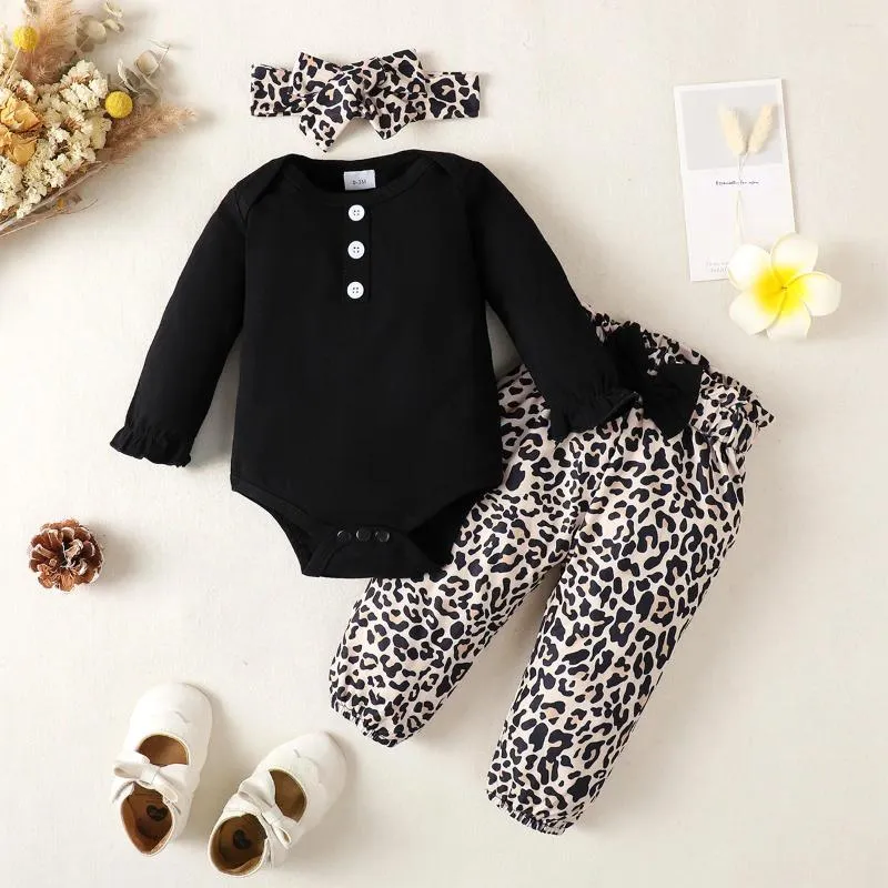 Kläder sätter hösten baby flicka kläder set småbarn flickor långärmad bodysuit leopard tryck båge byxor spädbarn mode outfit