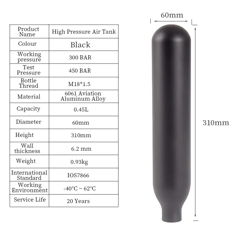 300BAR 4500PSI 0.22/0.3/0.35/0.45L خزان الهواء الخزان الناعم من الألومنيوم COLINDRO CO2