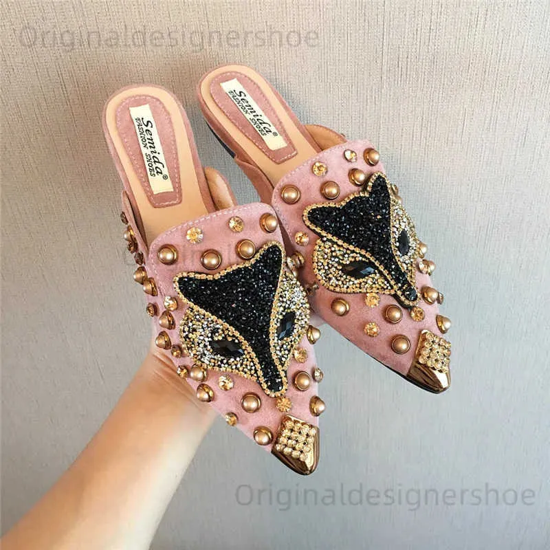 Casual schoenen plus maat 35-43 luxe metalen studs Crystal Fox moderne slippers dames zomerschoenen sandalen glijbanen metalen puntige teen muilezels 2021 T240409