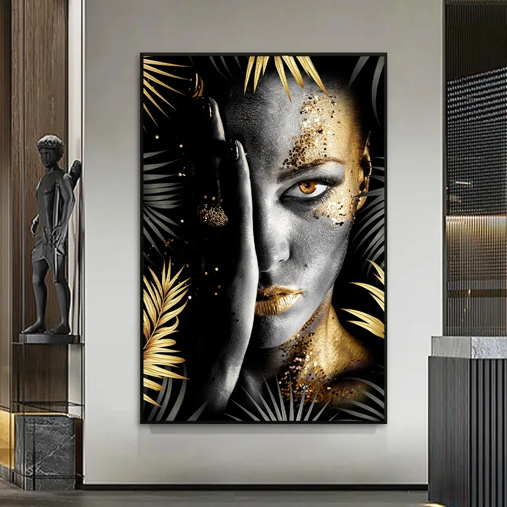 African Make Up Women With Black Gold Leaves Canvas Painting Modern Figure Wall Art Poster Print Pic for Living Room Home Decor
