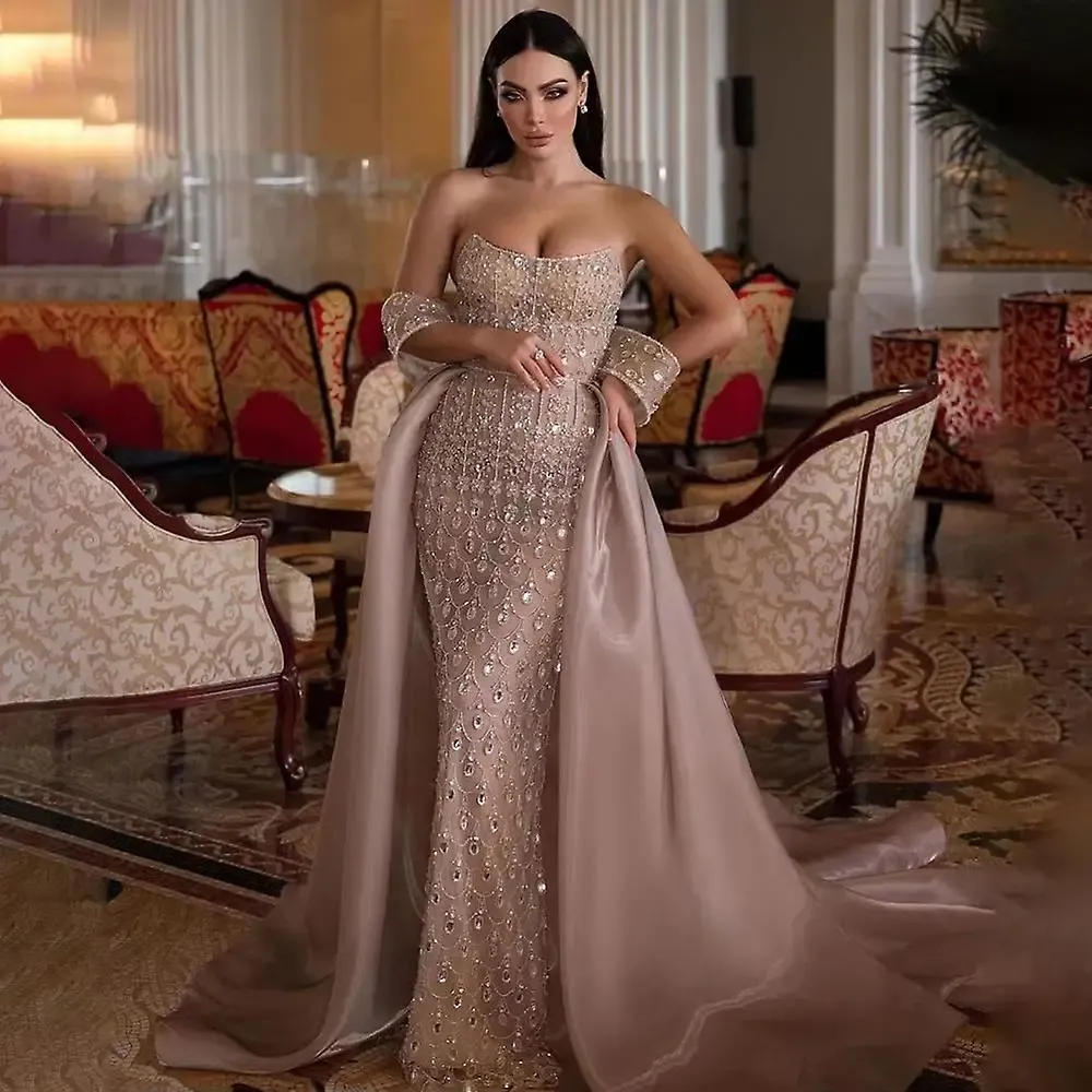 Sharon Said Luxury Champagne Mermaid Arabic Evening Dress with Overskirt Elegant Dubai Women Party Gowns