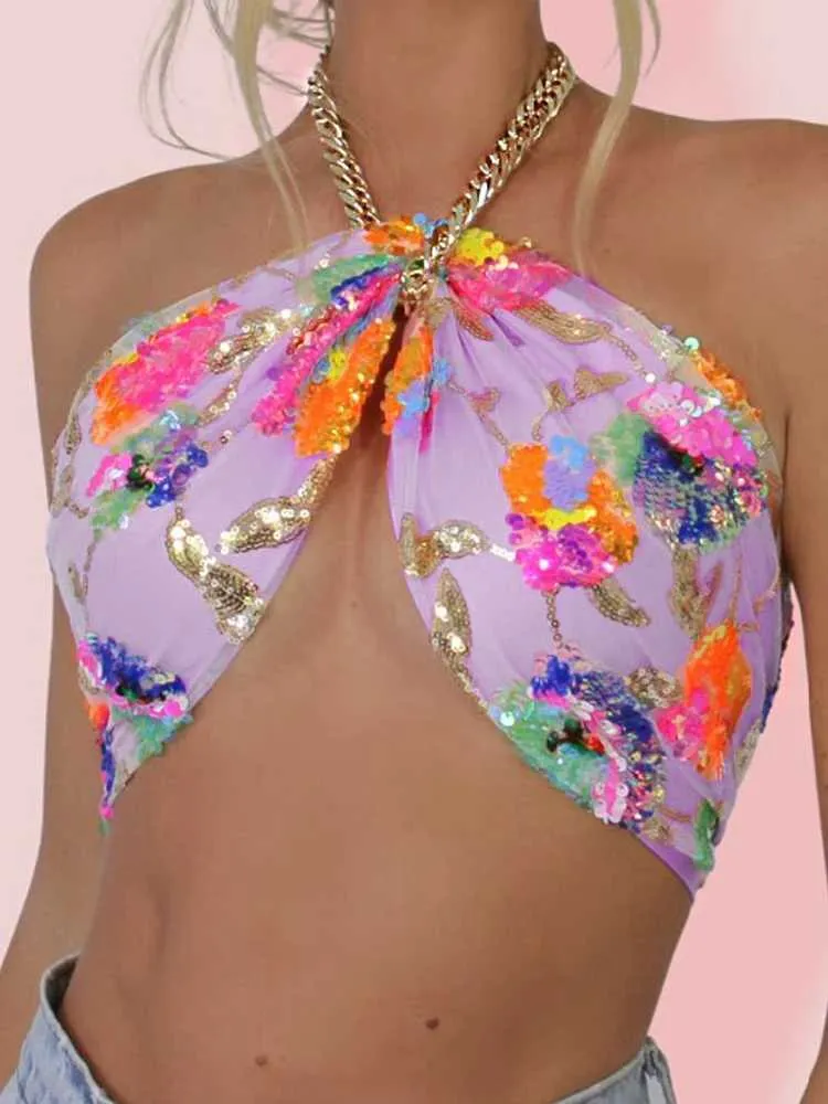 Kvinntankar Camis Flower Sequin Brodery Y2K Pink Summer Crop Top med halsband Fullt fodrad nattfest Camisole Chain J240409