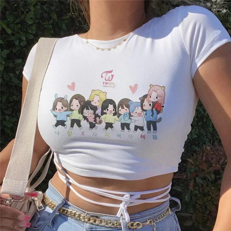 Kvinnor t shirts y2k t-shirt kpop två gånger koreansk stil sexiga kvinnor sommar harajuku streetwear fans tshirts skörd toppar kvinnliga smala kläder