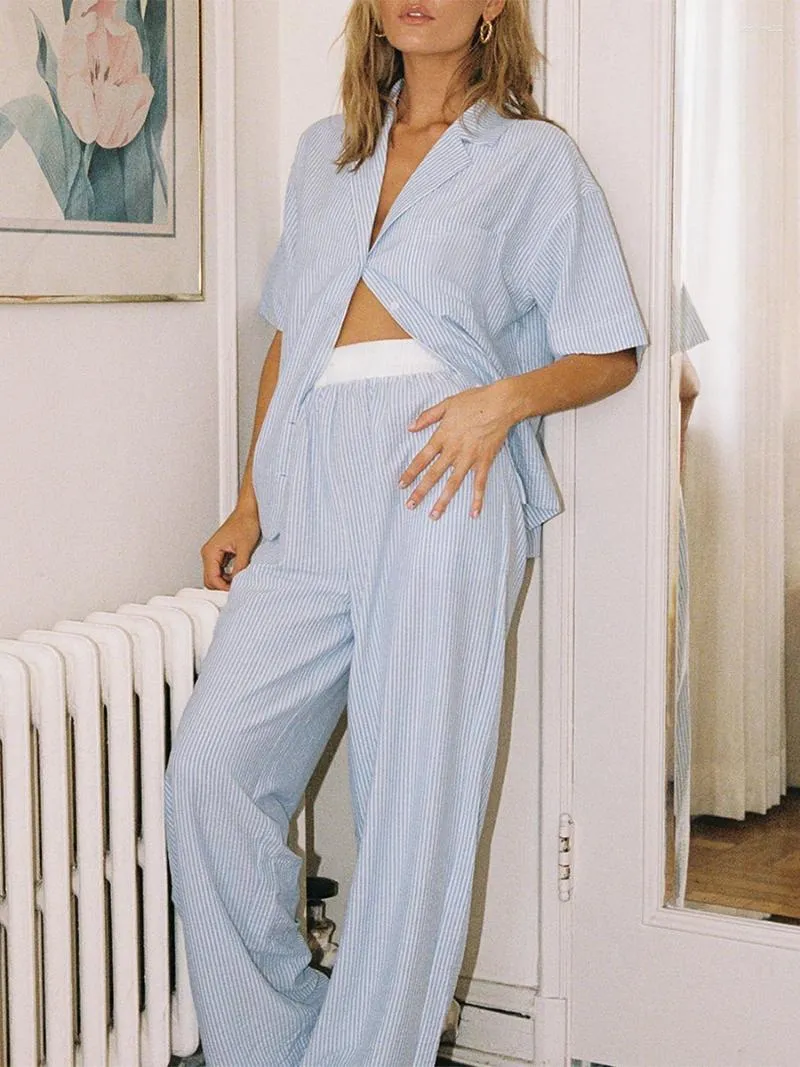 Roupas domésticas mulheres y2k listrado pijama configurado manga curta botão para baixo camisa de perna larga conjuntos de roupas de dormir lounge