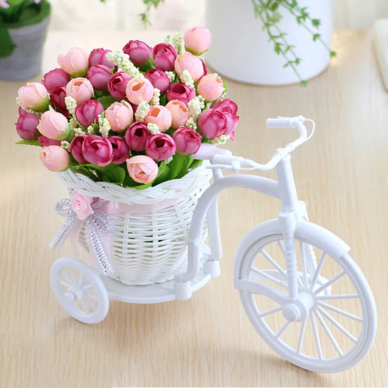 Konstgjorda blommor Silk Roses Rattan Bike Vase Plastic Bicycle Desktop Decorative Rose Bonsai Plant Outdoor Home Office Decor