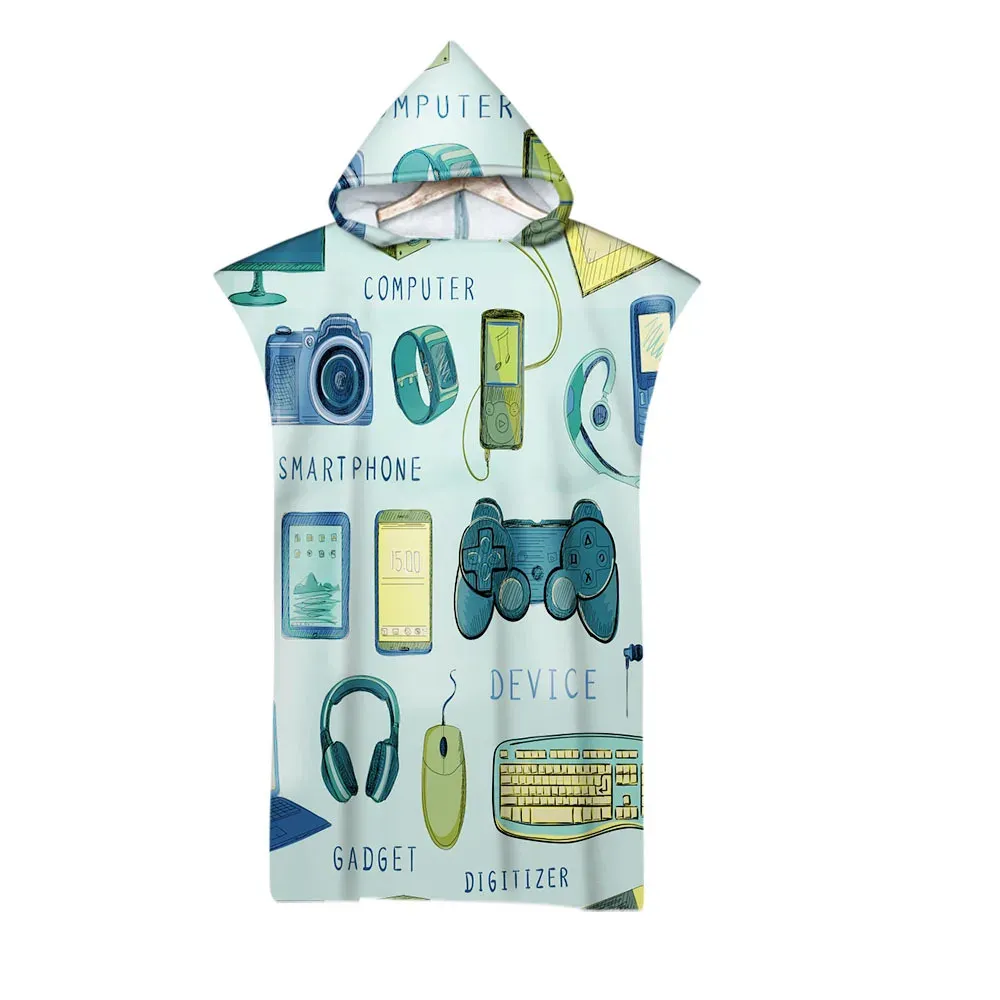 Aanpasbare volwassen kinderen gamepad print microfiber snel droge droge capuchon draagbare strand handdoek zwemmen badjas duik poncho surf mantel