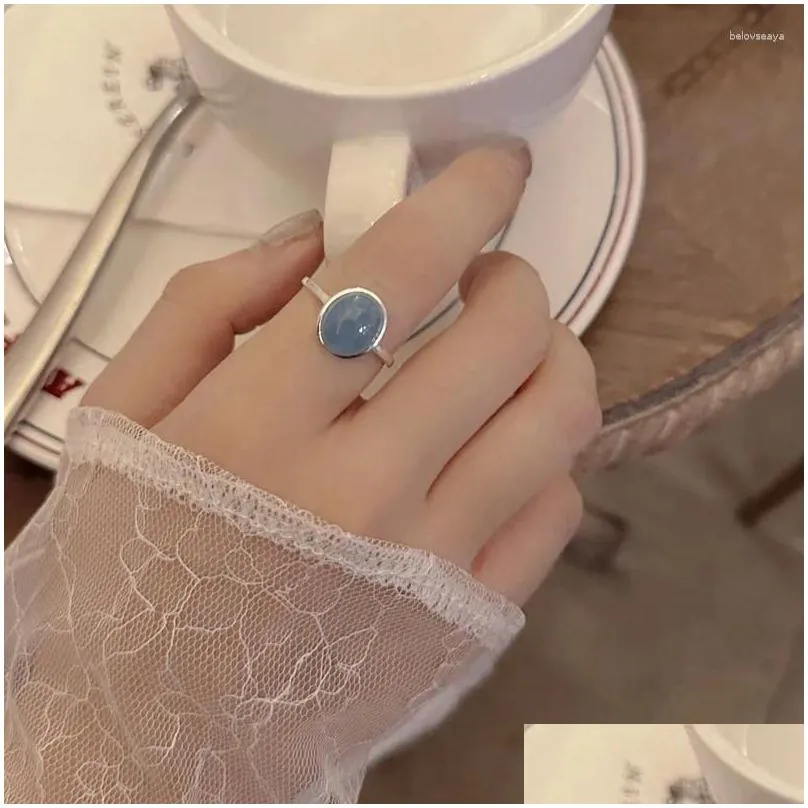 Cluster Rings Natural Aquamarine Women S925 Sterling Sier Oval Crystal Gem Ring Female Luxury Jewelry Girl Party Banquet Gift Drop Del Dhud4