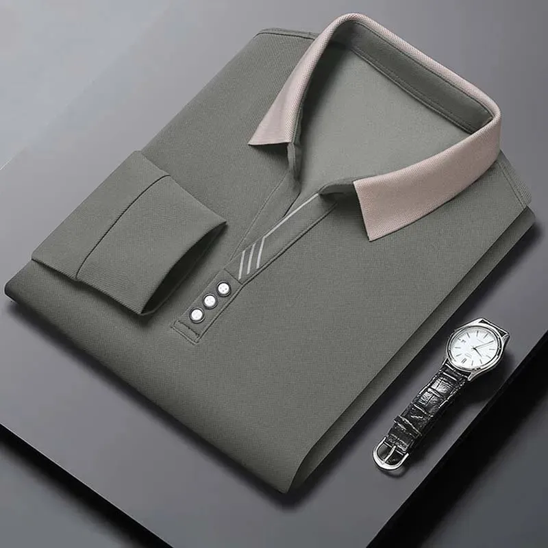 Herbst Herren Longsleeved Polo Shirt Business Casual Slim Elastic Top Fashion Scissor Kragen Solid Color 240401