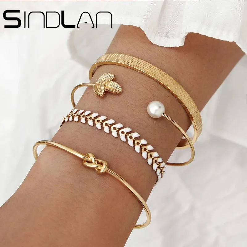 Bangle Sindlan 4pcs Vintage Gold Color Pearl Open Bracelet Set для женщин Boho Charms Женская модная запястья подарки Pulsera