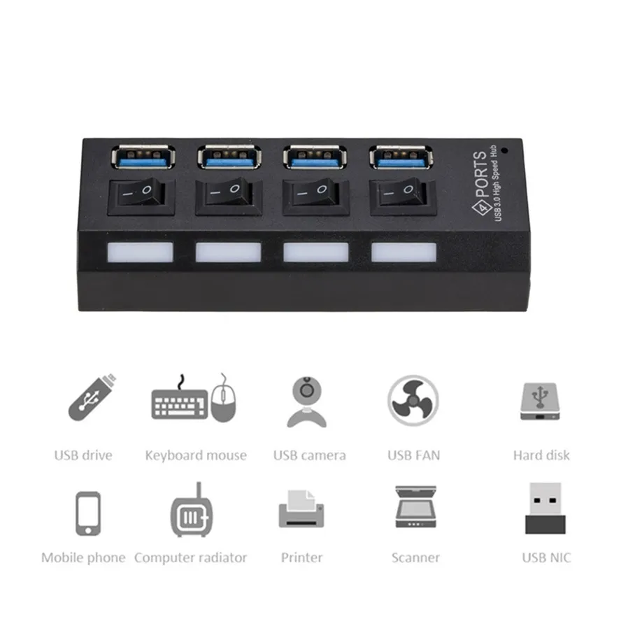 4-Port USB 3.0 Hub with Power Adapter for PC Computers & Laptops, Black ...
