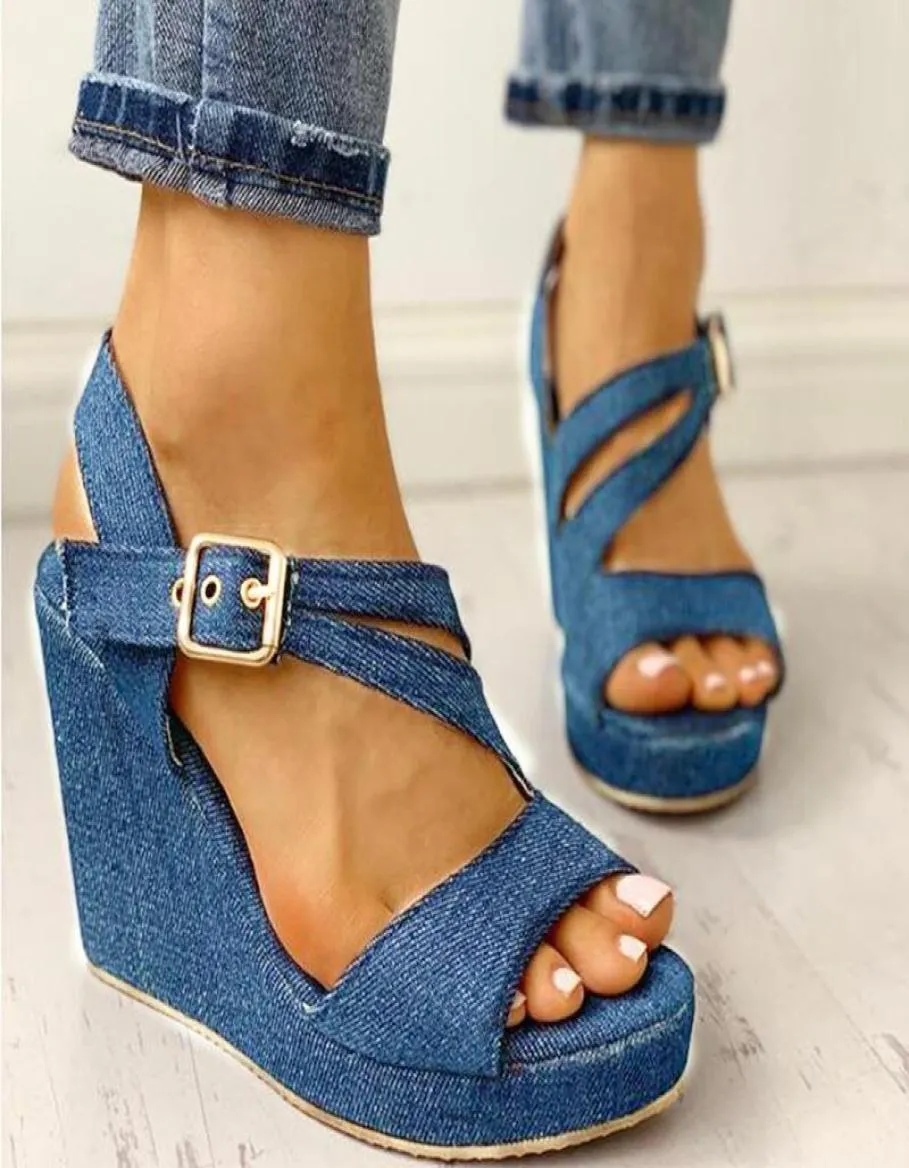 Women's Wedge Sandals Ladies Peep Toes Ankle Strap Denim High Heel Female PU Leather Casual Platform Woman Shoes 20215442422