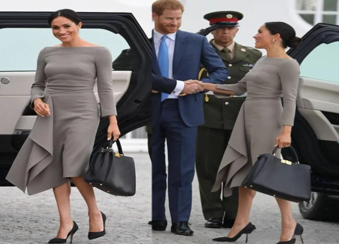 2021 Meghan Markle Tea Length Mother of the Bride Dresses Simple Satin Long Sleeves A Line Mother Party Prom Bress 7169588