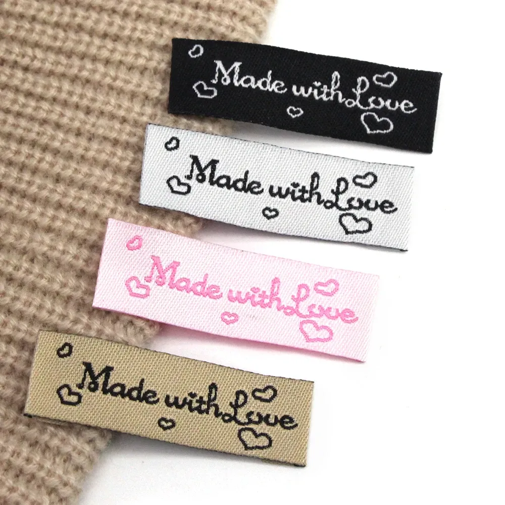 20Pcs Clothing Labels Made With Love Tags For Sewing Accessories 16*48MM Handmade Woven Label For Fabric Garment DIY Hat Bags