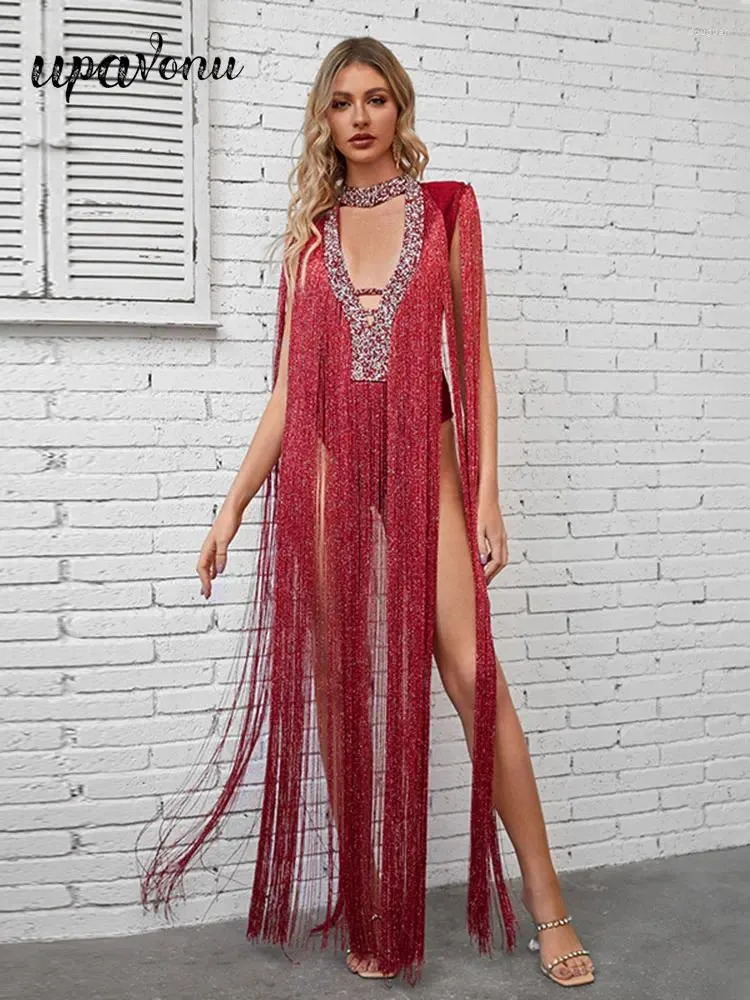 Casual Dresses Sexy Tassel Patchwork Bandage Jumpsuit Dress Women Without Pants Tube O-Neck Sleeveless Hollowed Out Rhinestone Design