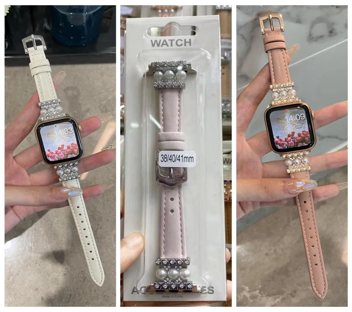 Slim Watch Band Real Cow Leather for Apple Watch Paski 45 mm 42 mm 38 mm 40 mm iWatch 3 4 5 7 41 mm opaski metalowe złącze Pearl Diamon1079015