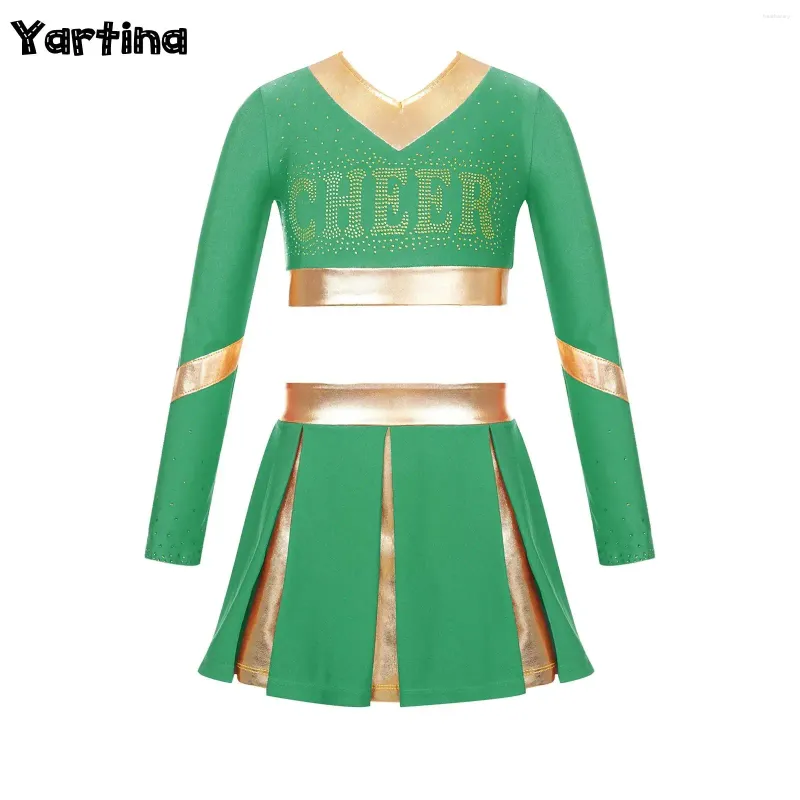 Portez des enfants girls cheerleading ballet danse tenue costume lettre de strass imprime en volon à manches longues avec jupe plissée