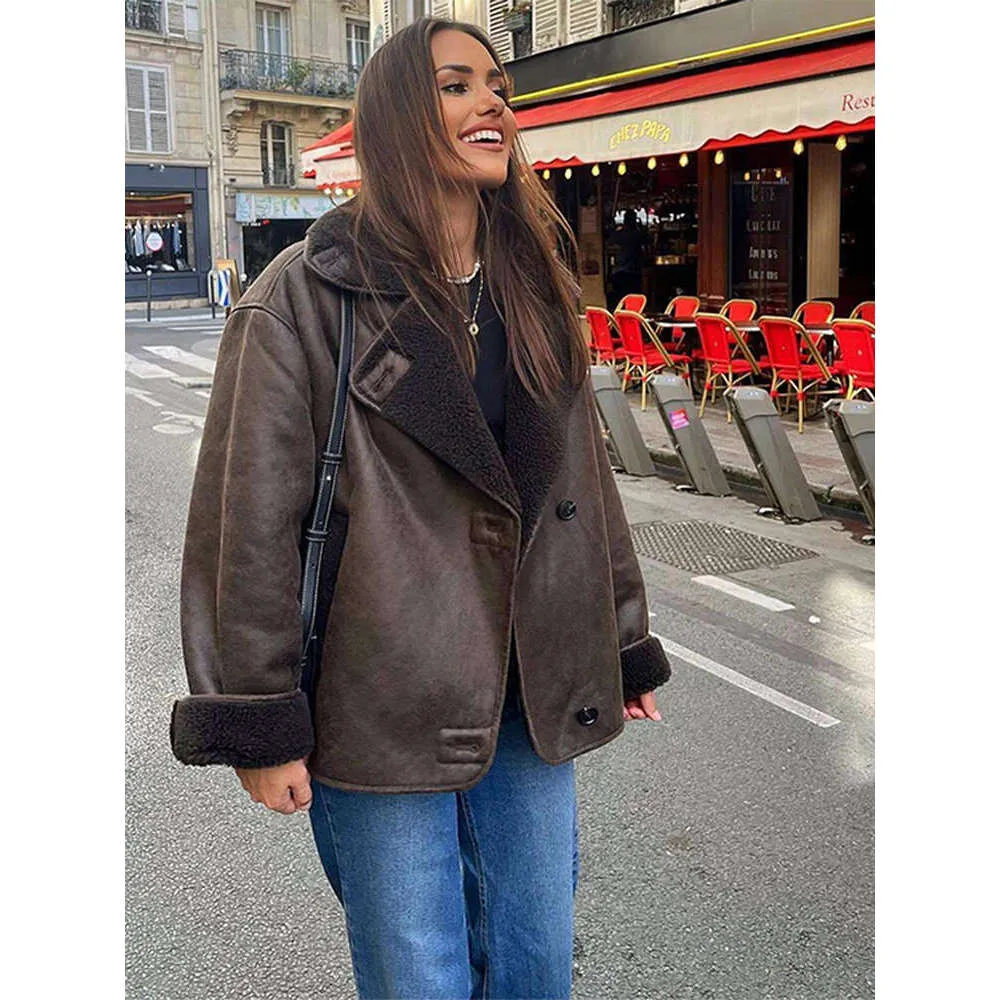 Save Big on Bulk Pu Leather Jackets For Women Womens Brown Puffer Coat  Vintage Style Plush PU Leather Jacket, Casual Warm Lapel, Single Breasted 