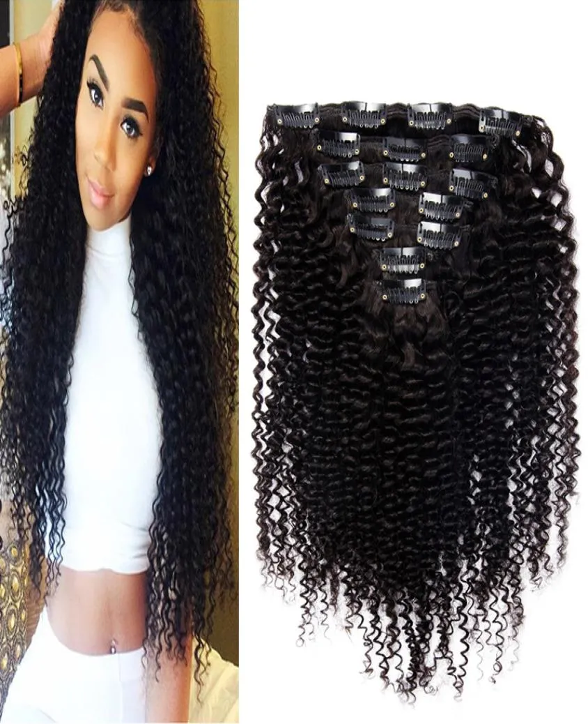 Mongolian Kinky Curly Hair Clip in Human Hair Extensions 7pcs 70g Nautral Color Clipin Full Head Nonremy Hair2892947