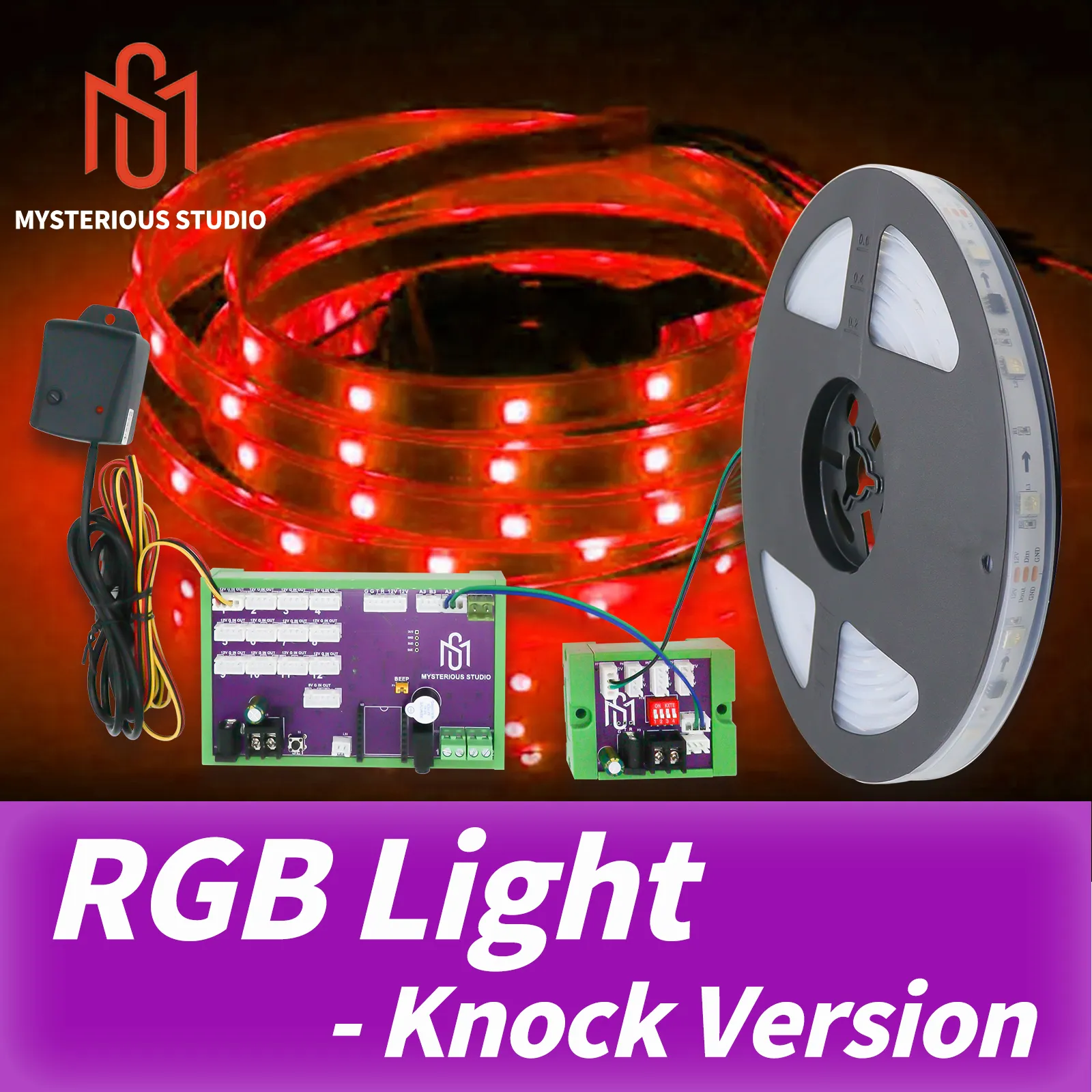 Mysterious Studio Escape Room knocking Belt Prop vibration sensor to light up the RGB led strip to unlock Knock Version