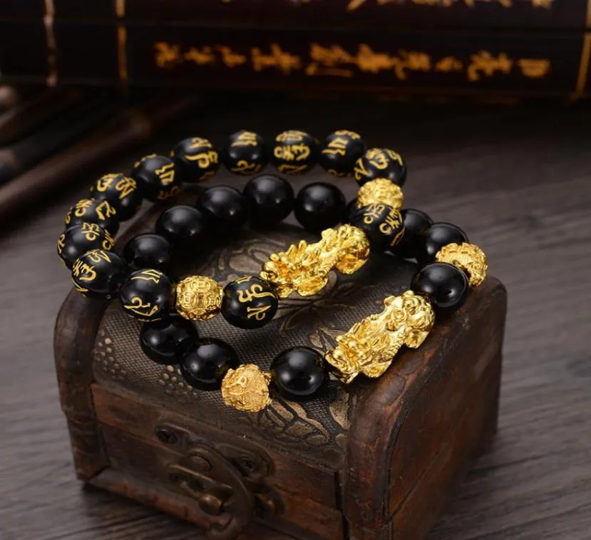 Bangle feng shui obsidian sten pärlor armband män kvinnor unisex armband guld svart pixiu rikedom och lycka kvinnor armband 18227186