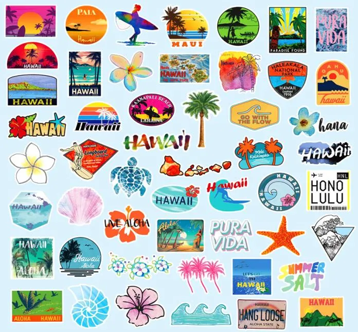 50pcs Hawaii Autocollants Non aléatoire pour les bagages de vélo de vélos Sticker ordinateur portable Skateboard Bouteille de moteur Snowboard Wall Decals Kids Gift7964252