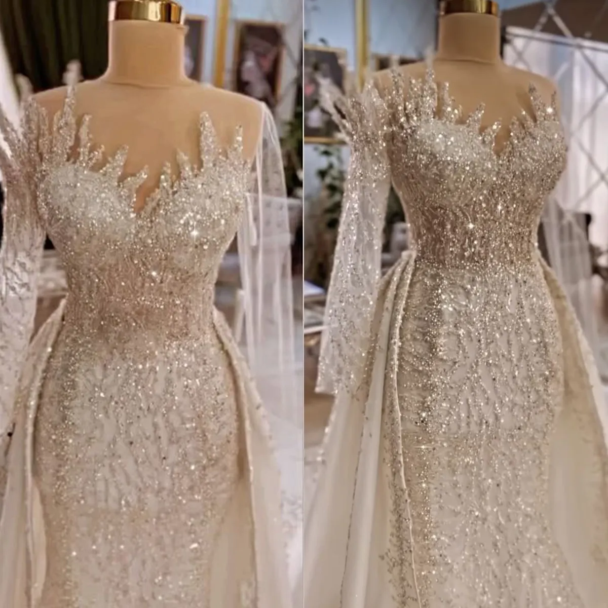 Vestidos de novia de sirena vintage de diseño irregular lentejuelas perlas cuentas de mangas de tul de tul corte de vestimenta personalizada vestida de novia de talla de talla grande de novia