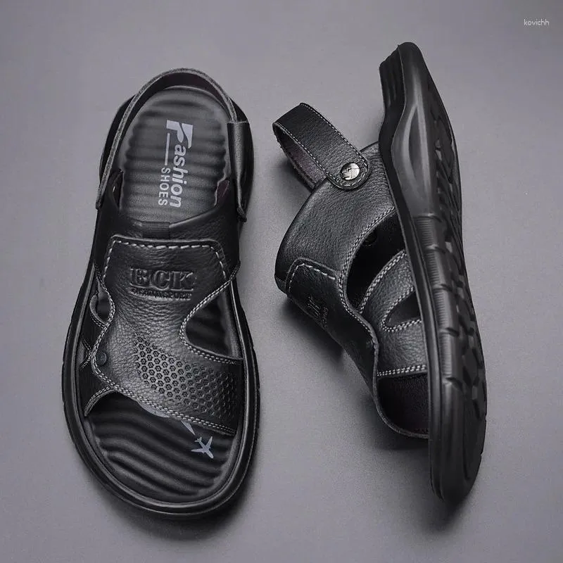 Sandaler toppskikt kohud för herrstrandskor casual läder sandalier de cuero genuino hombre