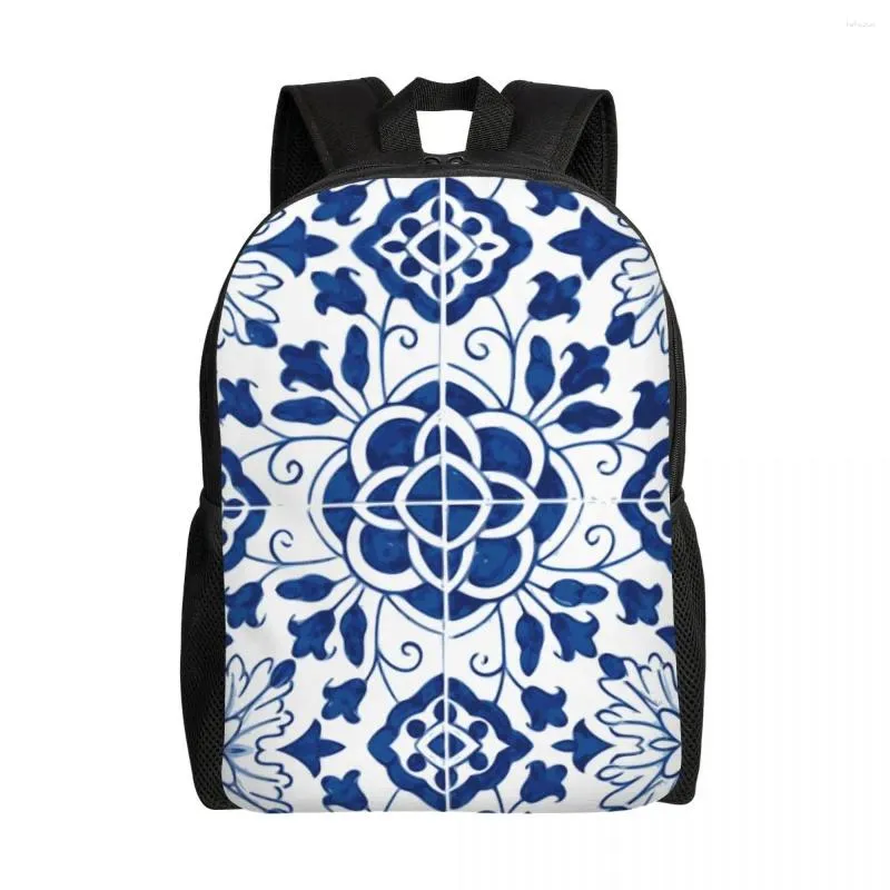 Backpack Blue português porcelana laptop laptop homem homem bookbag de moda para estudantes universitários bolsa de padrões de flores