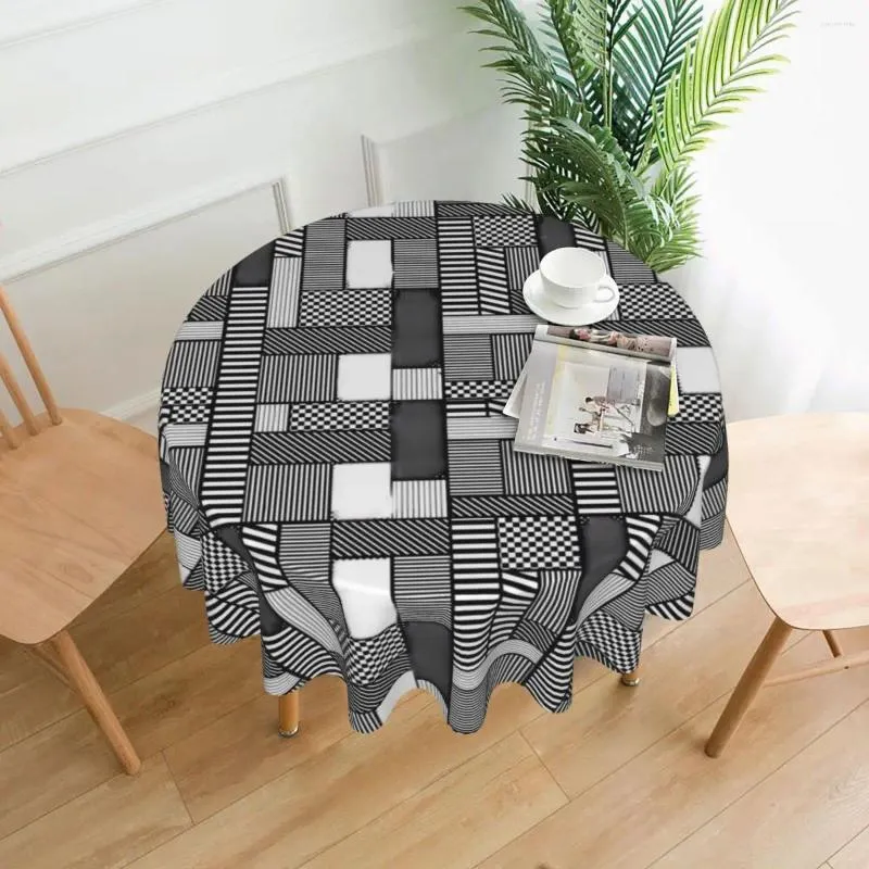 Tableau de table en noir et blanc Geo Imprimer Round Couvre-patchwork géomatrique pour les événements Party de Noël Modern Outdoor