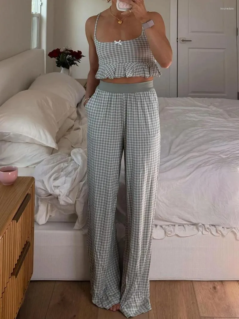 Kadınlar İki Parçalı Pantolon Kadın Yaz Salonu Giyim Seti Düz Renk Ekose Baskı U Yağlı Camisole ile Uzun Pijama Cilt Dostu