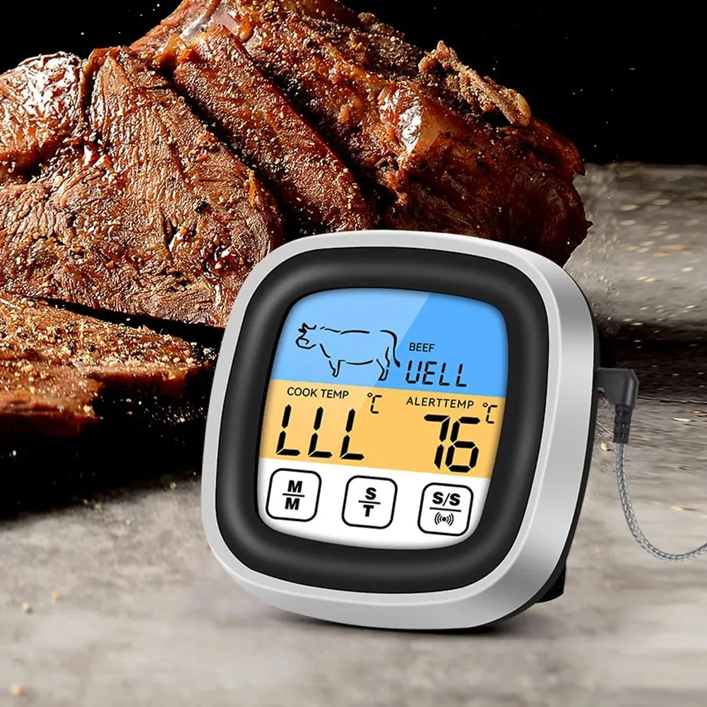 Digital Meat Thermometer LCD Display Fast & Precise Cooking Thermometer Touchscreen with Timer for Oven Grill BBQ