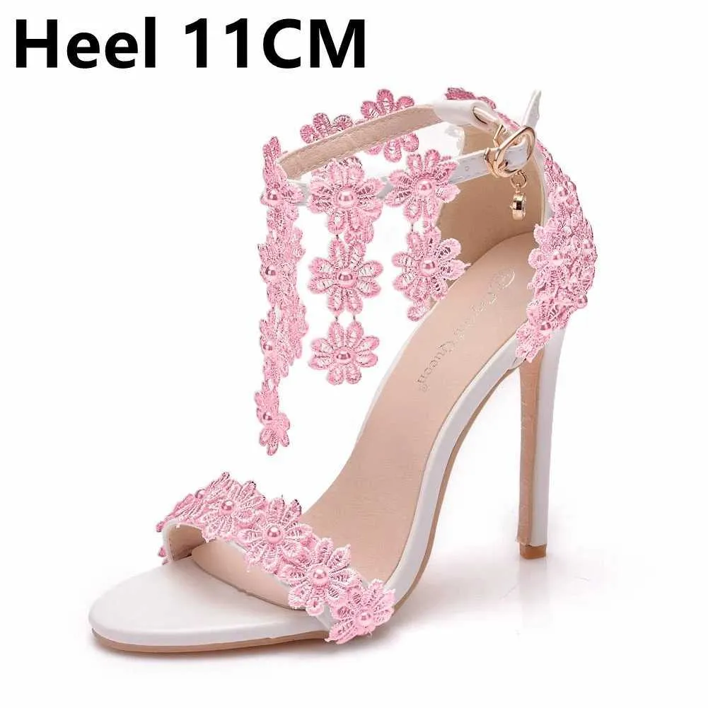 Dress Shoes Crystal Queen Women Ankle Strap Sandals White Lace Flowers Pearl Tassel Super Stiletto High Heels Slender Bridal Wedding H240409 HQSV