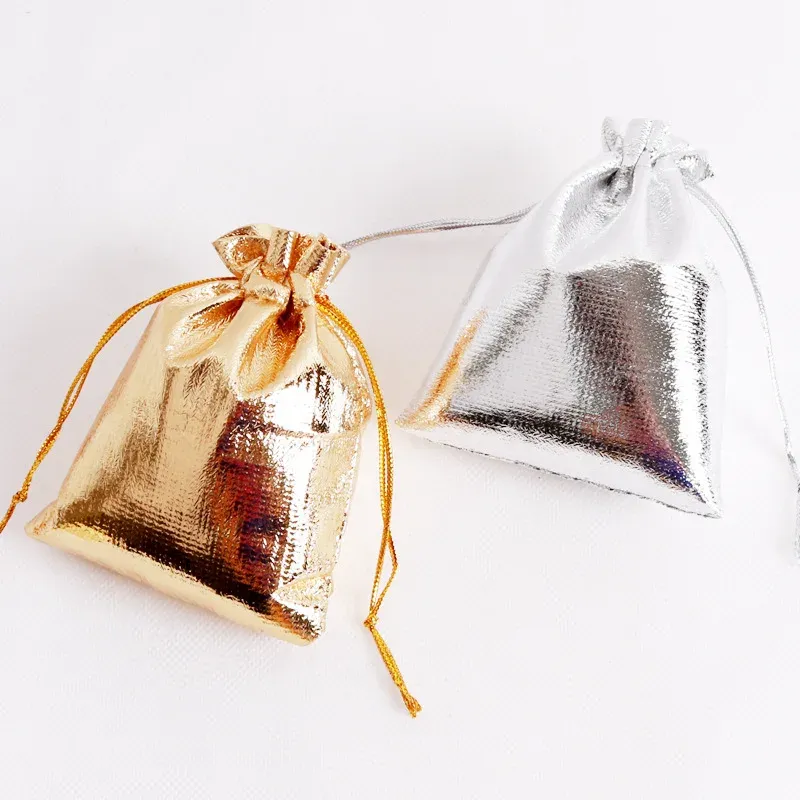 100pc Gold Silver Fabric Bag Gift Bag Aluminium Foil Cloth Bag Drawstring Wedding Gift Bag for Wedding Christmas Party Candy Bag