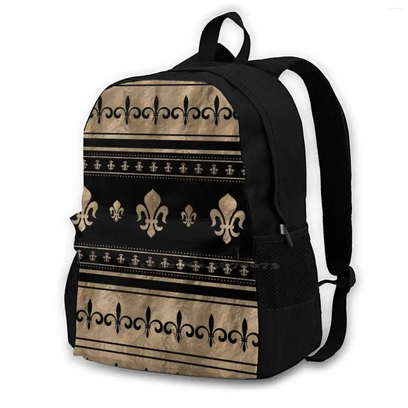 Backpack Fleur-de-Lis Luxury Ornament-Black e Gold School Bag Laptop de grande capacidade Fleur de Lis Lys Lily