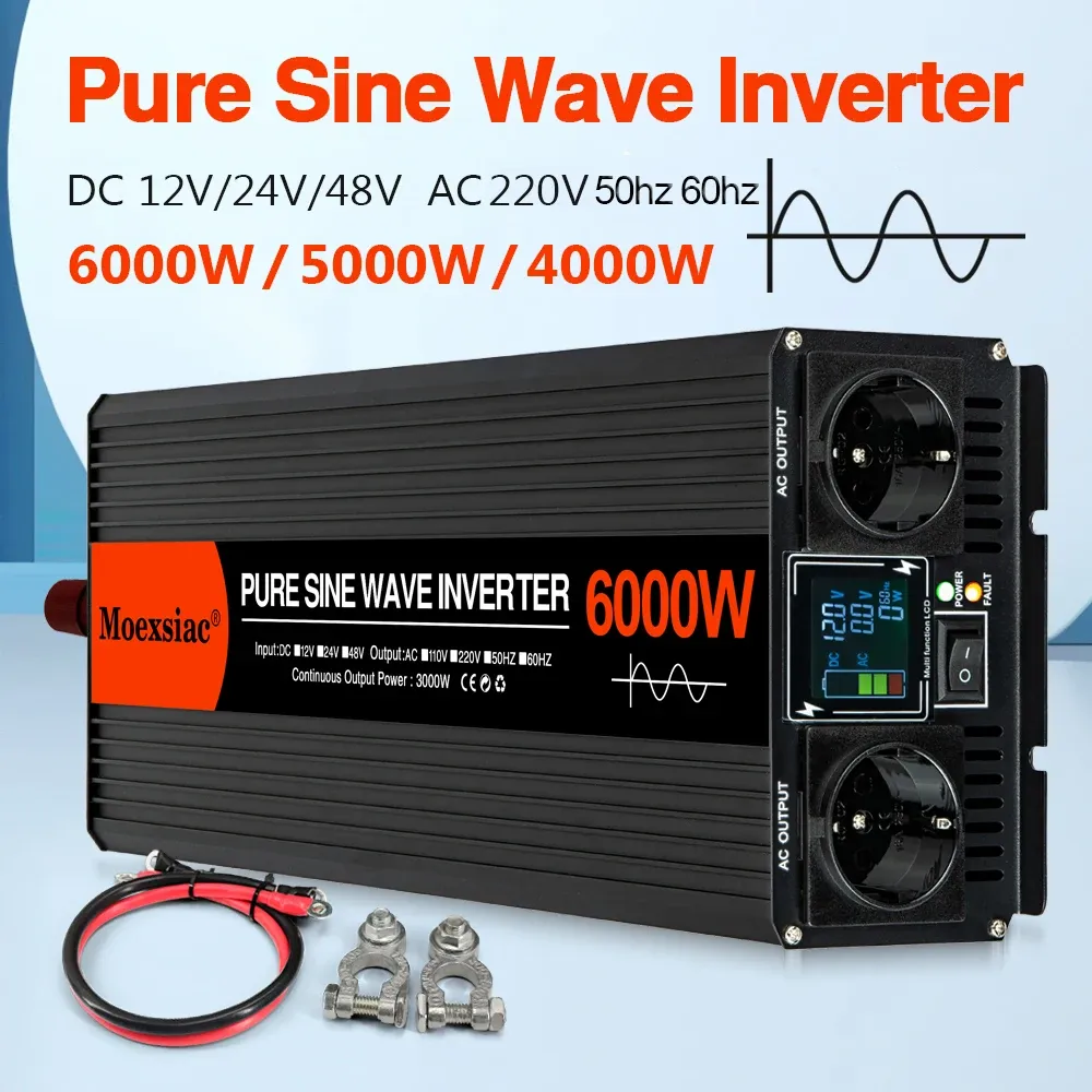Onduleur d'onde sinusoïdale Pure Moexsiac 4000W 5000W 6000W double socket EU DC12V 24V 48V à AC220V Convertisseur de tension invertisseur de voiture solaire