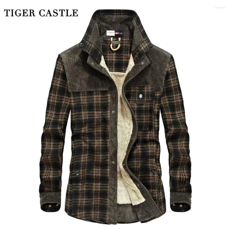 Casual shirts voor heren Tiger Castle Mens Militair Fleece Wintershirt Katoen Warm mannelijke geruite lange mouw legerjurk Blouses