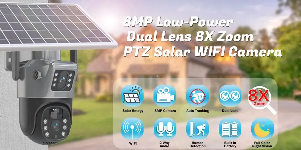 4K 8MP Outdoor Solar WiFi Security Camera Dual Lens PTZ With Dual ...