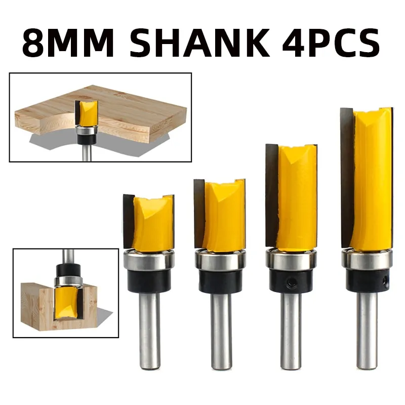 4pcs 8 mm Shank Woodworking Milling Profil Troming Tapnming Comiton Graving Machine Milling Cutter avec roulement