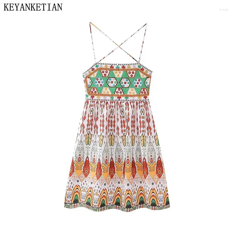 Casual Dresses KEYANKETIAN Summer Women's Embroidered Dress Boho Holiday Wind Hollow Out Backless Spaghetti Strap Sleeveless Slim MiniSkirt