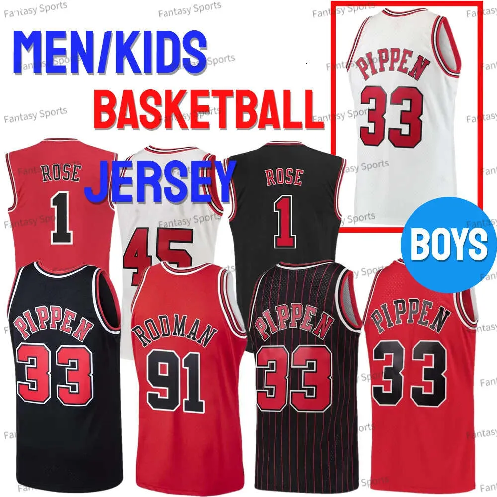 Retro Jerseys Derrick Rose 33 Scottie Pippen 91 Dennis Rodman 23 1 Mens Ed White Red Throwback Basketball Men Kids Boys Jerseyss