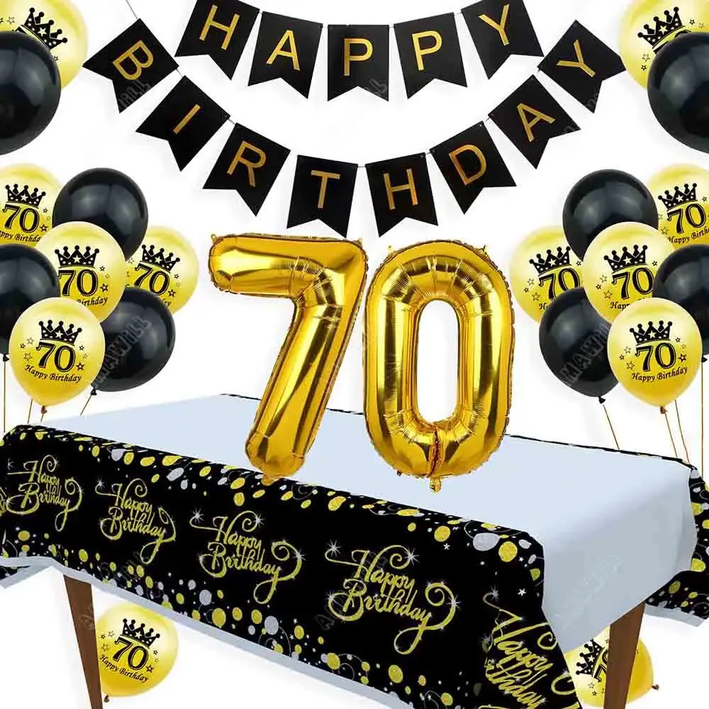 70 Years Old Birthday Party Supplies 70th Happy Birthday Helium Balloon Banner Tablecloth Adult Anniversary Festival Decorations 240328