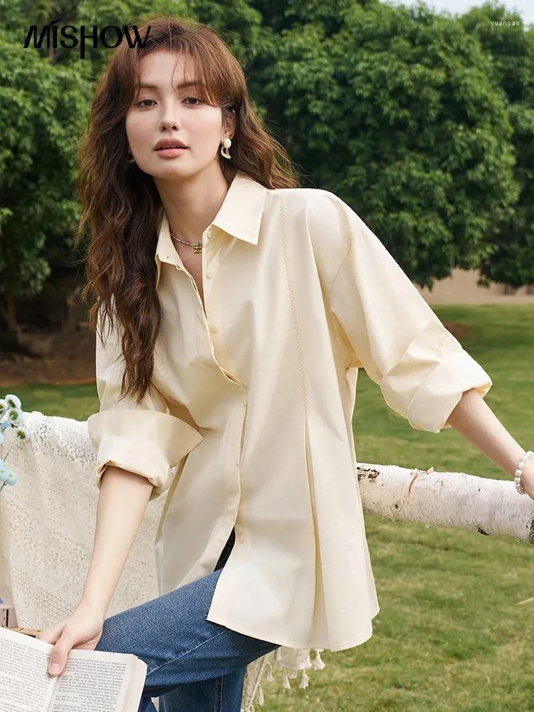 Kvinnors blusar Mishow pendlar minimalistisk lapelskjorta 2024 Spring Solid båda sidor vikta linjeskjorta mjuka andningsbara mångsidiga topp