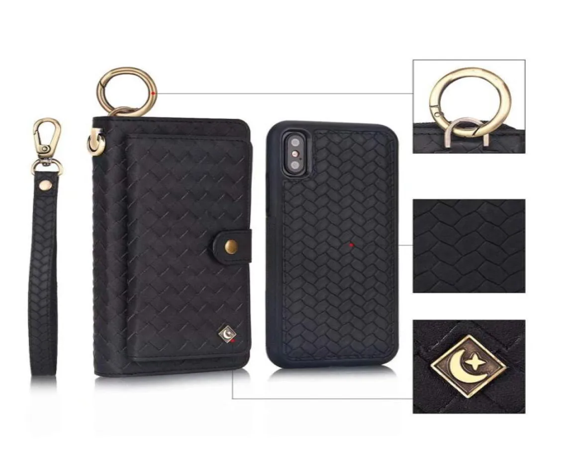 Pour iPhone XS Portefeuille Case de portefeuille iPhone X Broche à glissière Magnétique détachable 14 cartes Card Pocket Pocket Clutch Cuir Cuir Fo4212046