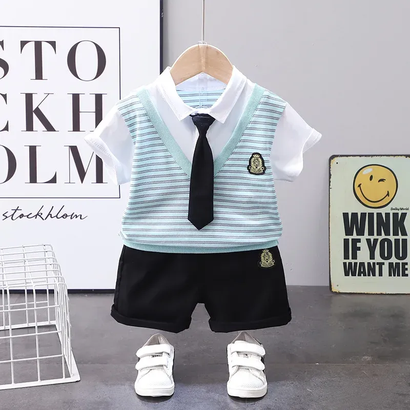 Nya sommar babykläder barn pojkar avslappnad randig t-shirt shorts 2st/set småbarn gentleman kostym spädbarn barn träning